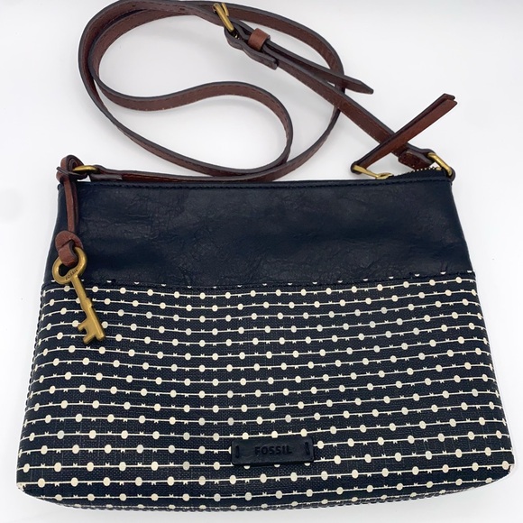 Fossil Fiona Striped Crossbody Black White Brown Geometric Key Shoulder Bag - Picture 1 of 7